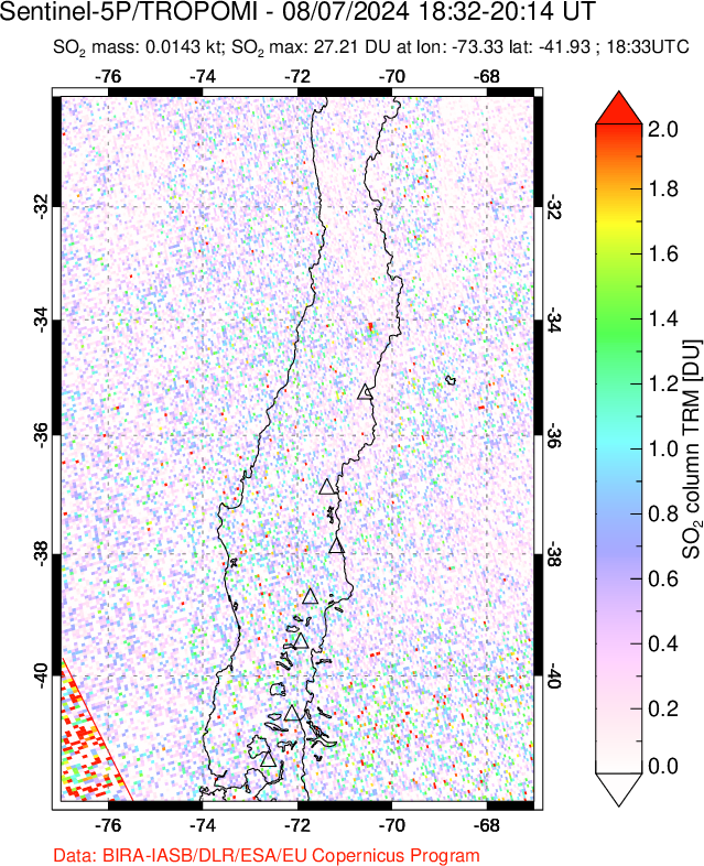 A sulfur dioxide image over Central Chile on Aug 07, 2024.