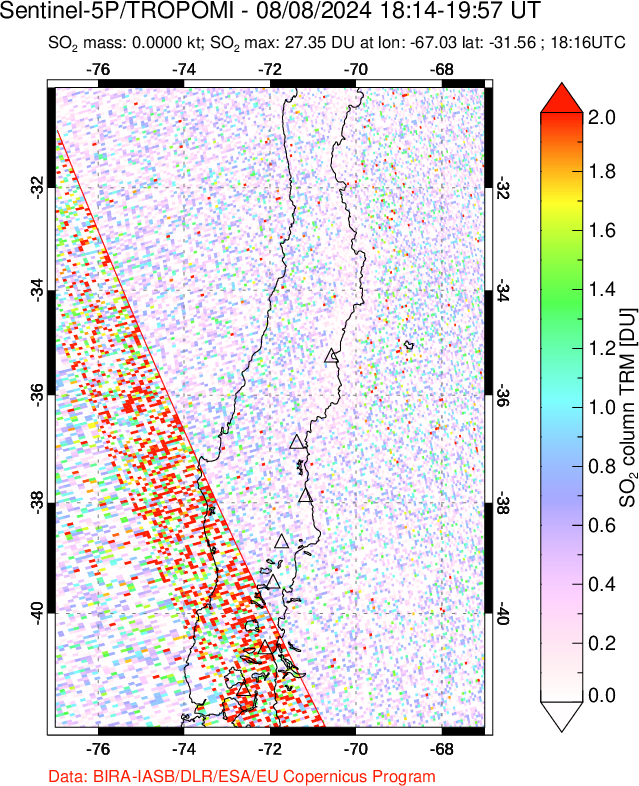 A sulfur dioxide image over Central Chile on Aug 08, 2024.