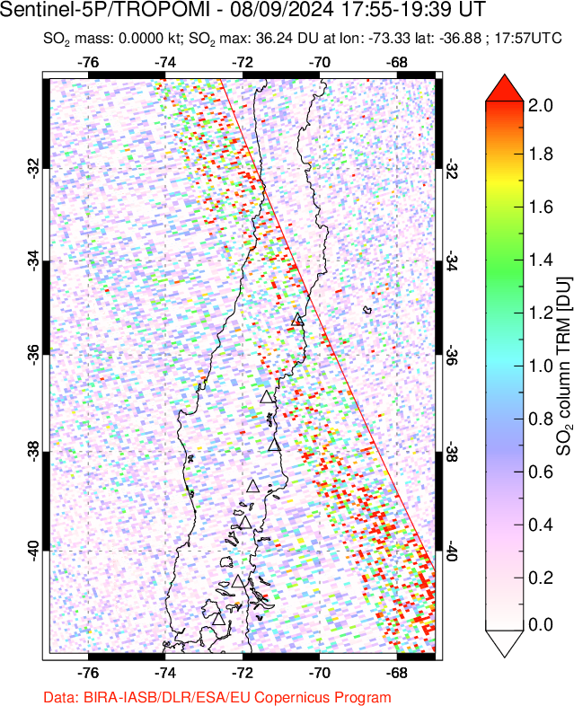 A sulfur dioxide image over Central Chile on Aug 09, 2024.