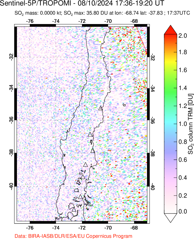 A sulfur dioxide image over Central Chile on Aug 10, 2024.