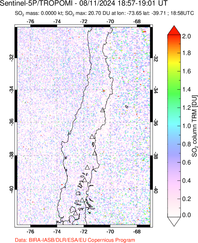 A sulfur dioxide image over Central Chile on Aug 11, 2024.