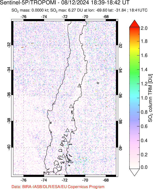 A sulfur dioxide image over Central Chile on Aug 12, 2024.