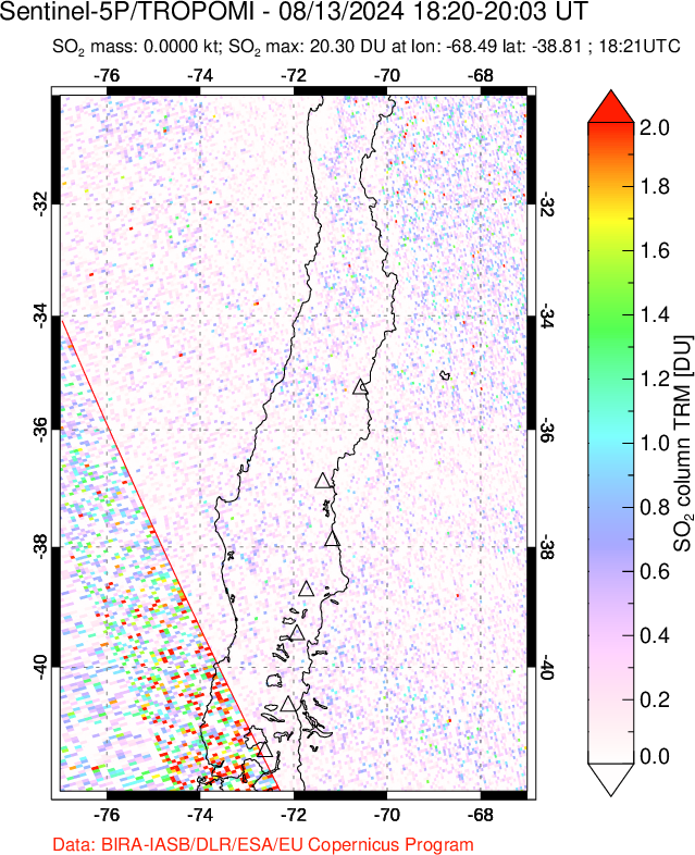 A sulfur dioxide image over Central Chile on Aug 13, 2024.