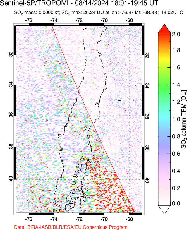 A sulfur dioxide image over Central Chile on Aug 14, 2024.