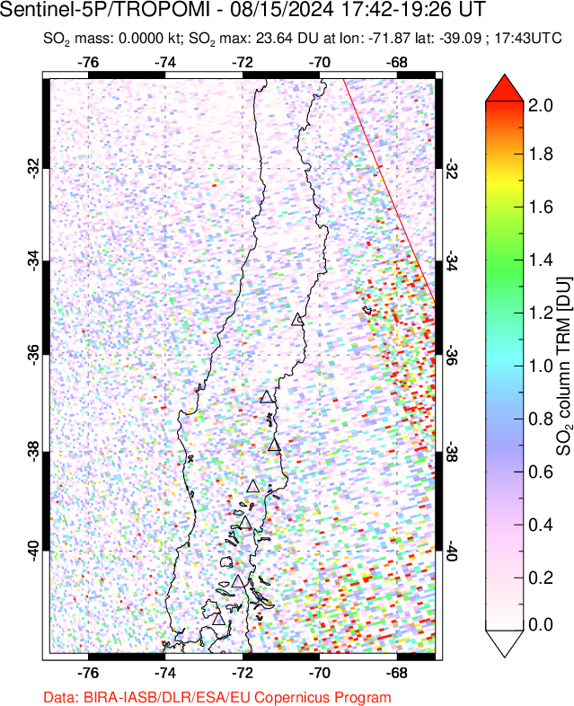 A sulfur dioxide image over Central Chile on Aug 15, 2024.