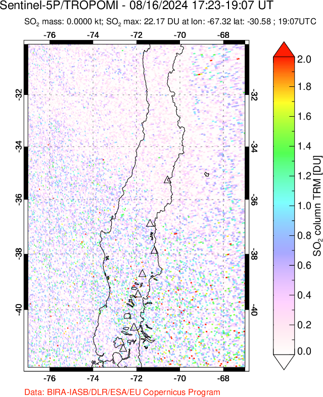 A sulfur dioxide image over Central Chile on Aug 16, 2024.