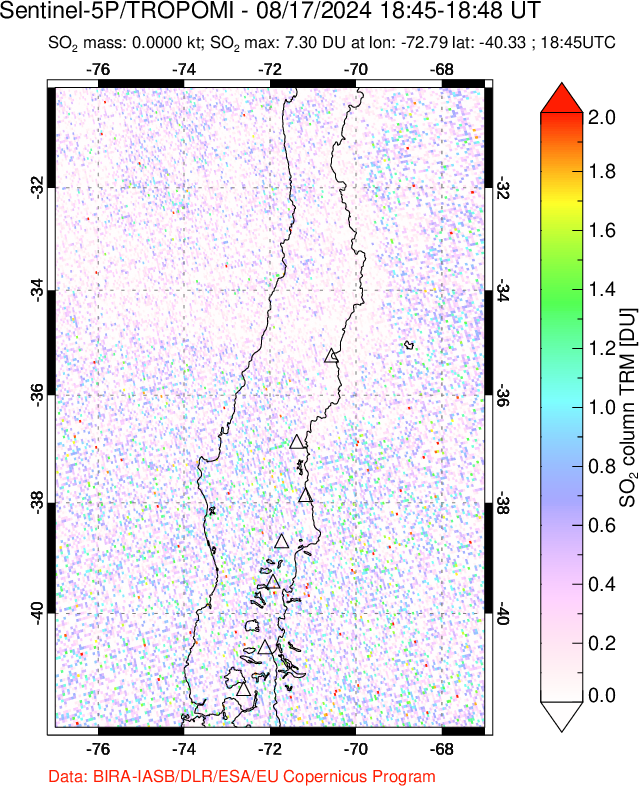 A sulfur dioxide image over Central Chile on Aug 17, 2024.