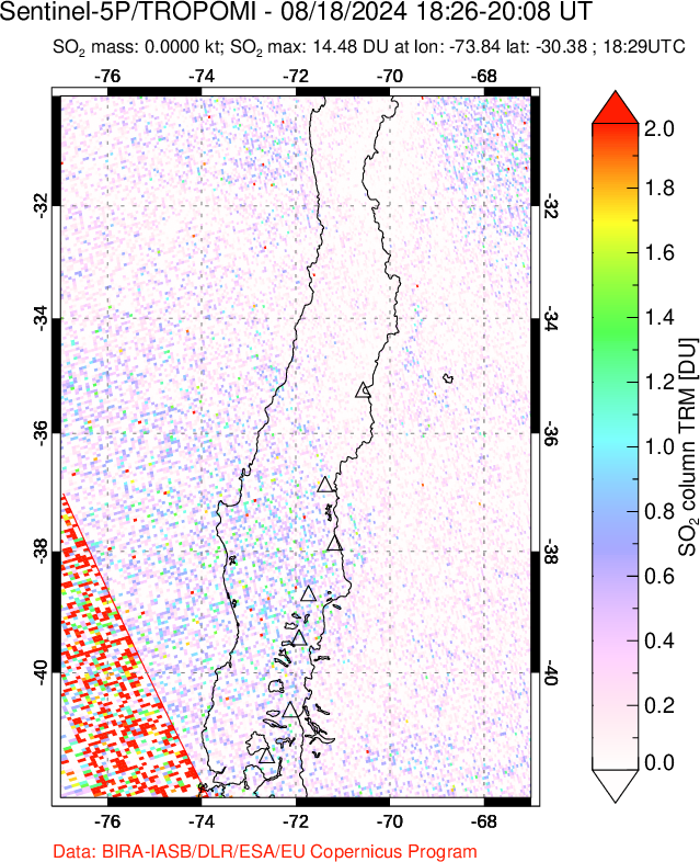 A sulfur dioxide image over Central Chile on Aug 18, 2024.