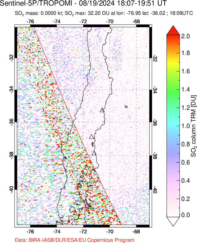 A sulfur dioxide image over Central Chile on Aug 19, 2024.