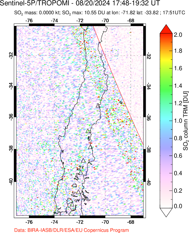 A sulfur dioxide image over Central Chile on Aug 20, 2024.