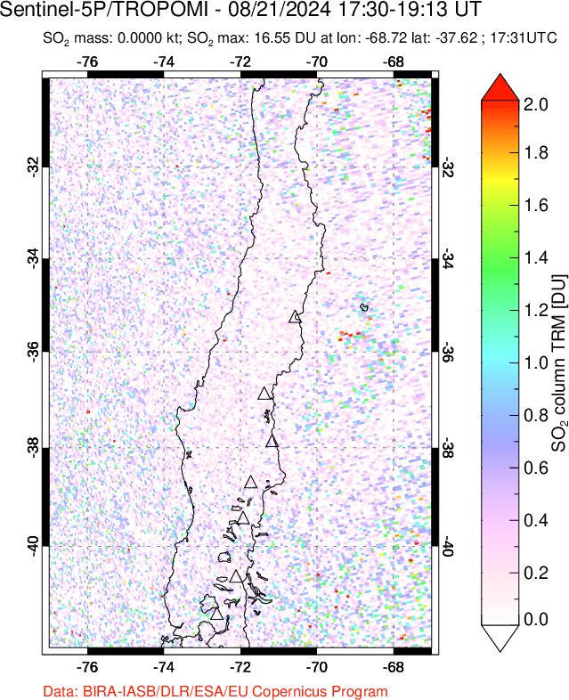 A sulfur dioxide image over Central Chile on Aug 21, 2024.