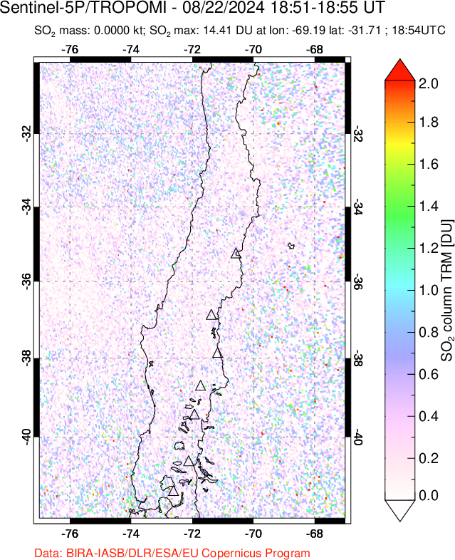 A sulfur dioxide image over Central Chile on Aug 22, 2024.