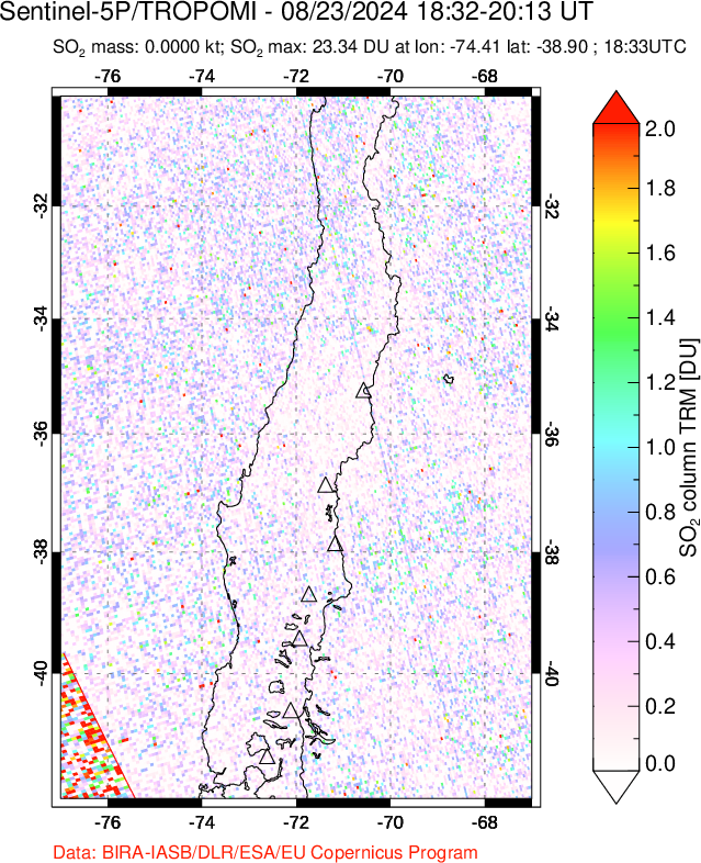 A sulfur dioxide image over Central Chile on Aug 23, 2024.