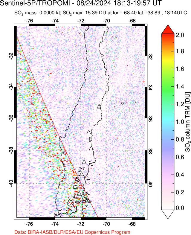 A sulfur dioxide image over Central Chile on Aug 24, 2024.