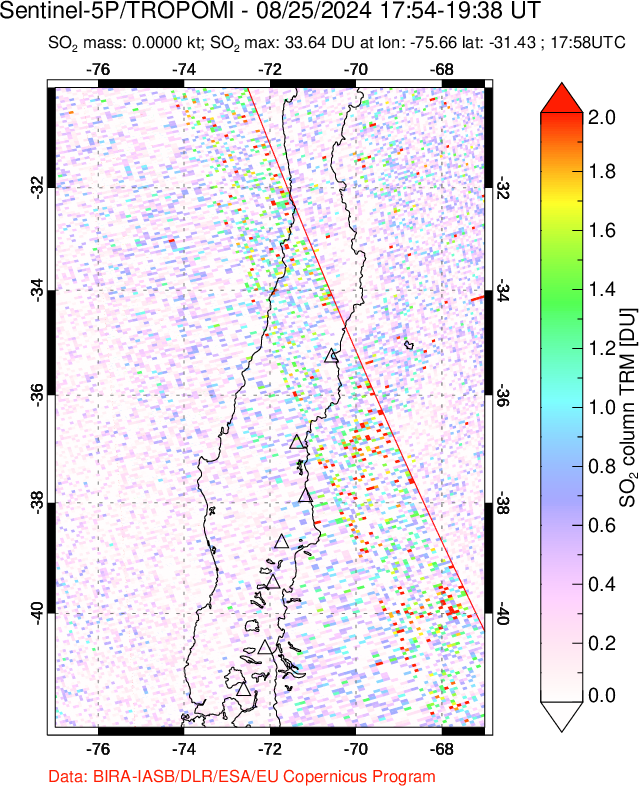 A sulfur dioxide image over Central Chile on Aug 25, 2024.