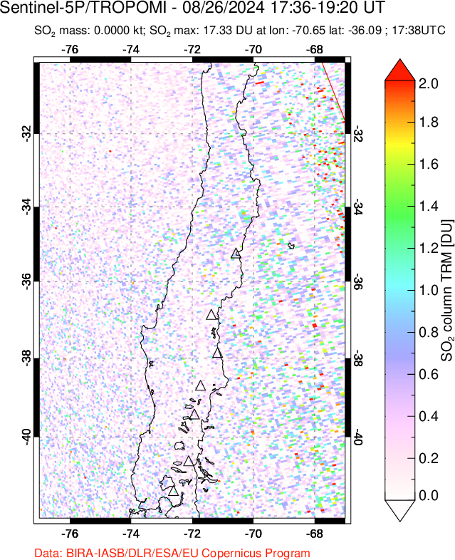 A sulfur dioxide image over Central Chile on Aug 26, 2024.