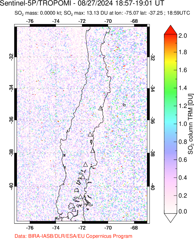 A sulfur dioxide image over Central Chile on Aug 27, 2024.