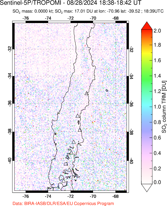 A sulfur dioxide image over Central Chile on Aug 28, 2024.