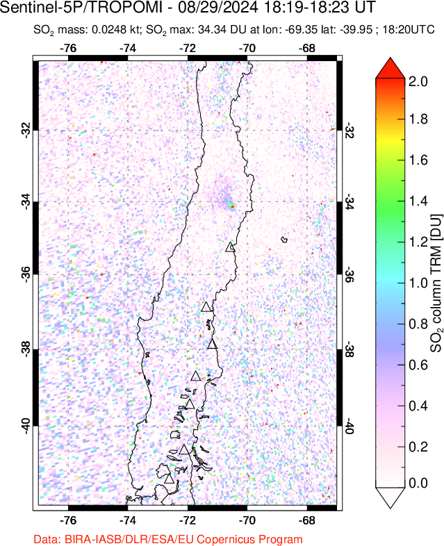 A sulfur dioxide image over Central Chile on Aug 29, 2024.