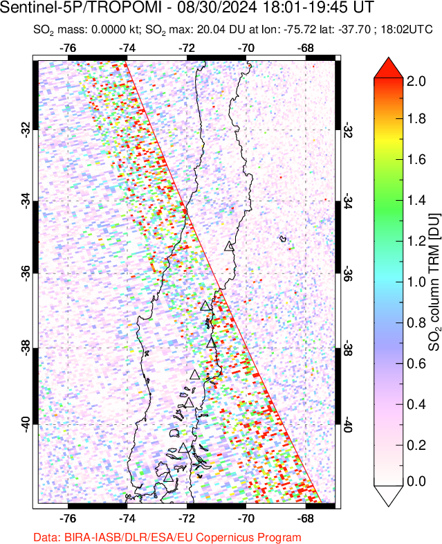 A sulfur dioxide image over Central Chile on Aug 30, 2024.