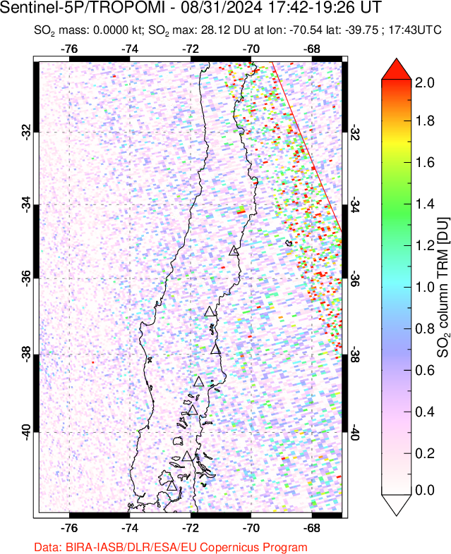 A sulfur dioxide image over Central Chile on Aug 31, 2024.