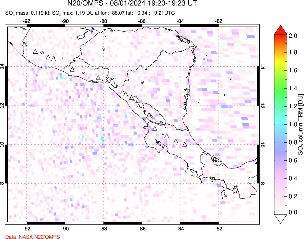 A sulfur dioxide image over Central America on Aug 01, 2024.