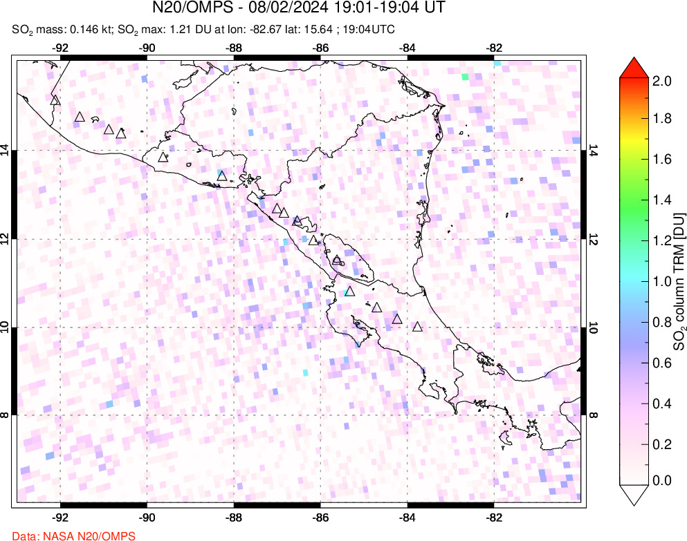 A sulfur dioxide image over Central America on Aug 02, 2024.