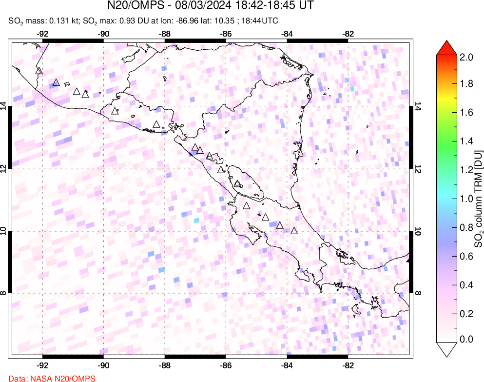 A sulfur dioxide image over Central America on Aug 03, 2024.