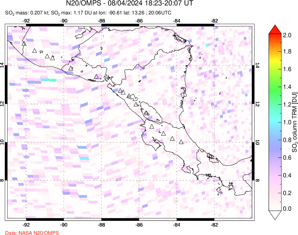 A sulfur dioxide image over Central America on Aug 04, 2024.