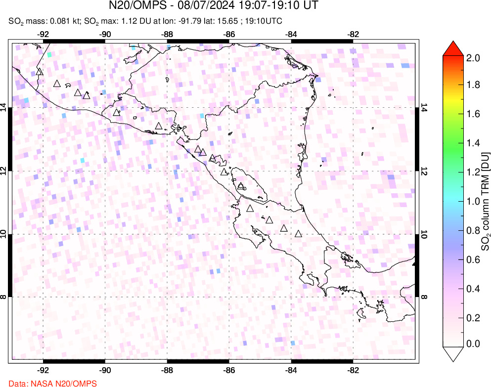 A sulfur dioxide image over Central America on Aug 07, 2024.