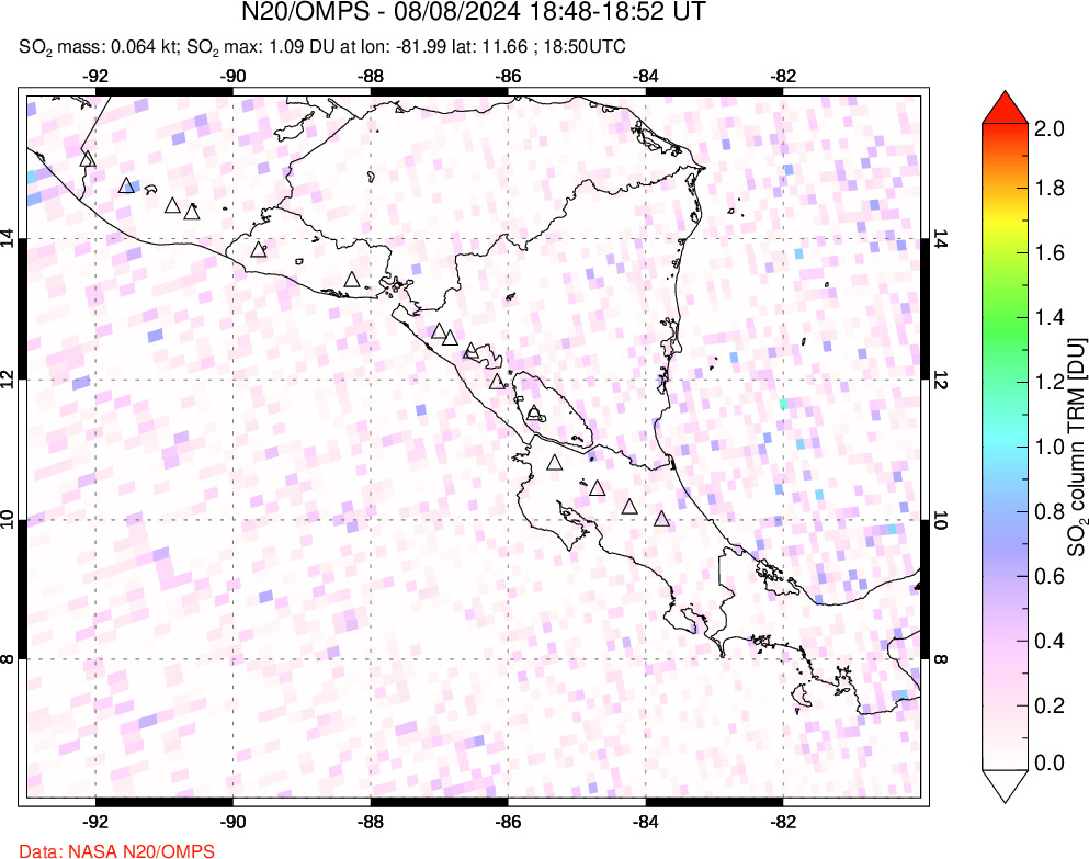 A sulfur dioxide image over Central America on Aug 08, 2024.