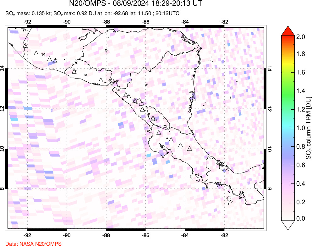 A sulfur dioxide image over Central America on Aug 09, 2024.