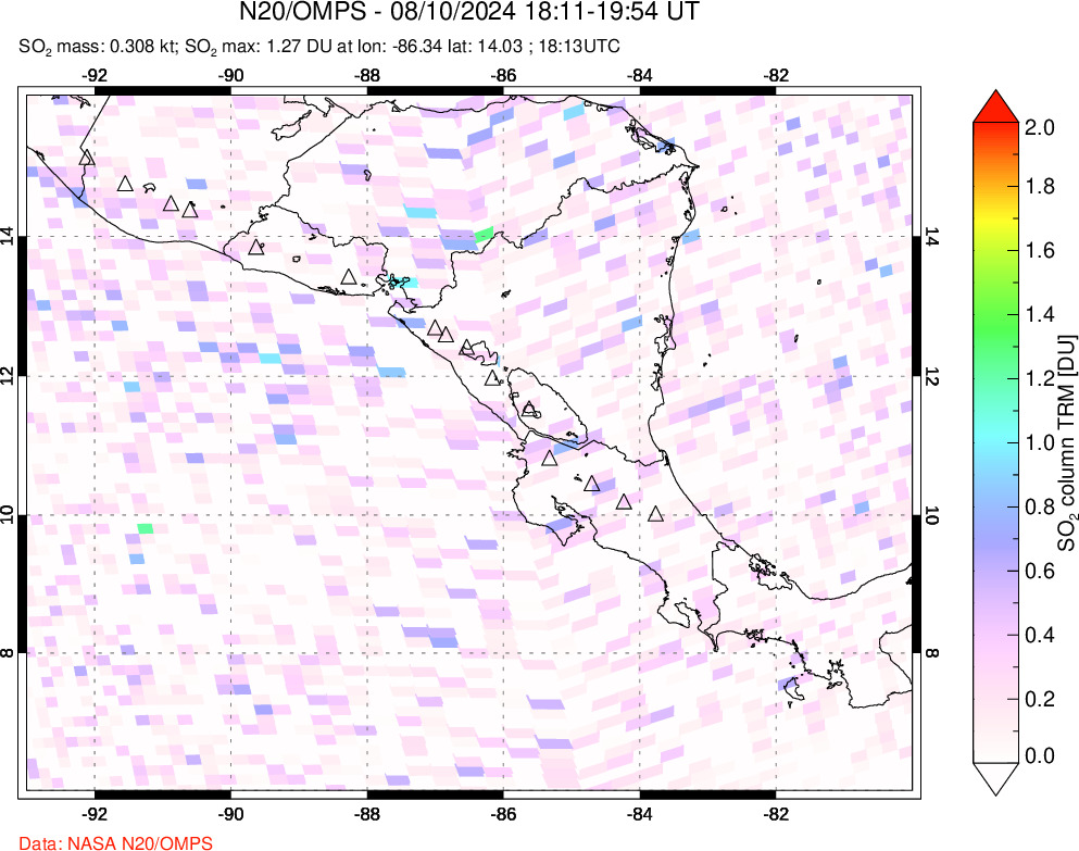 A sulfur dioxide image over Central America on Aug 10, 2024.