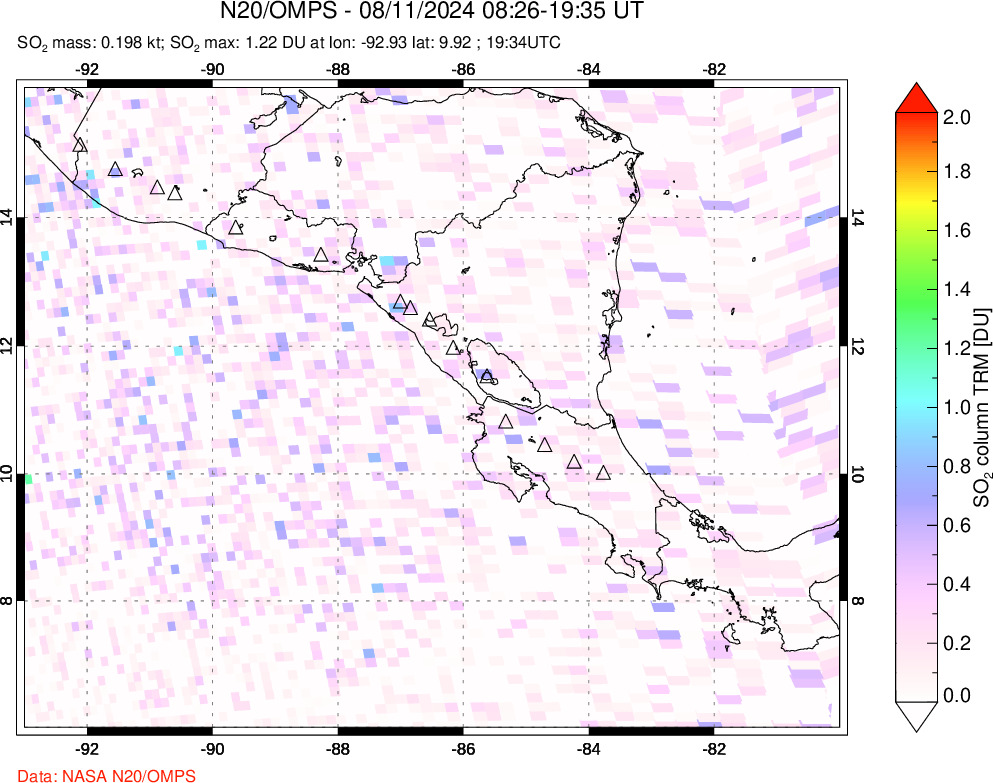 A sulfur dioxide image over Central America on Aug 11, 2024.