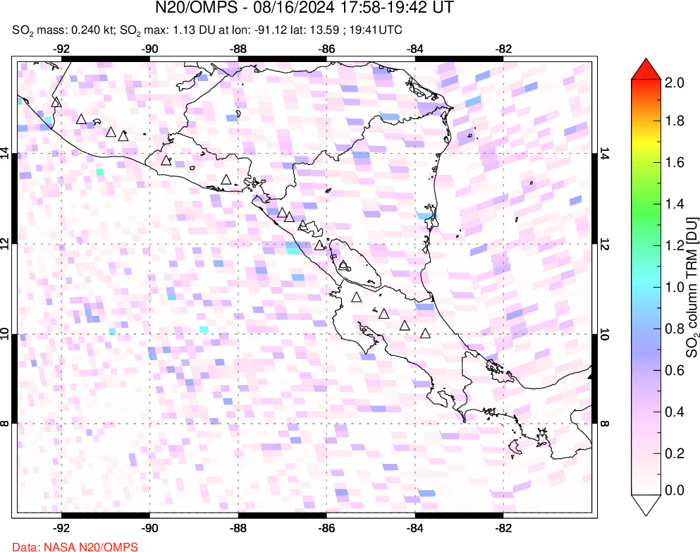 A sulfur dioxide image over Central America on Aug 16, 2024.