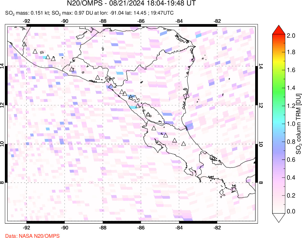 A sulfur dioxide image over Central America on Aug 21, 2024.