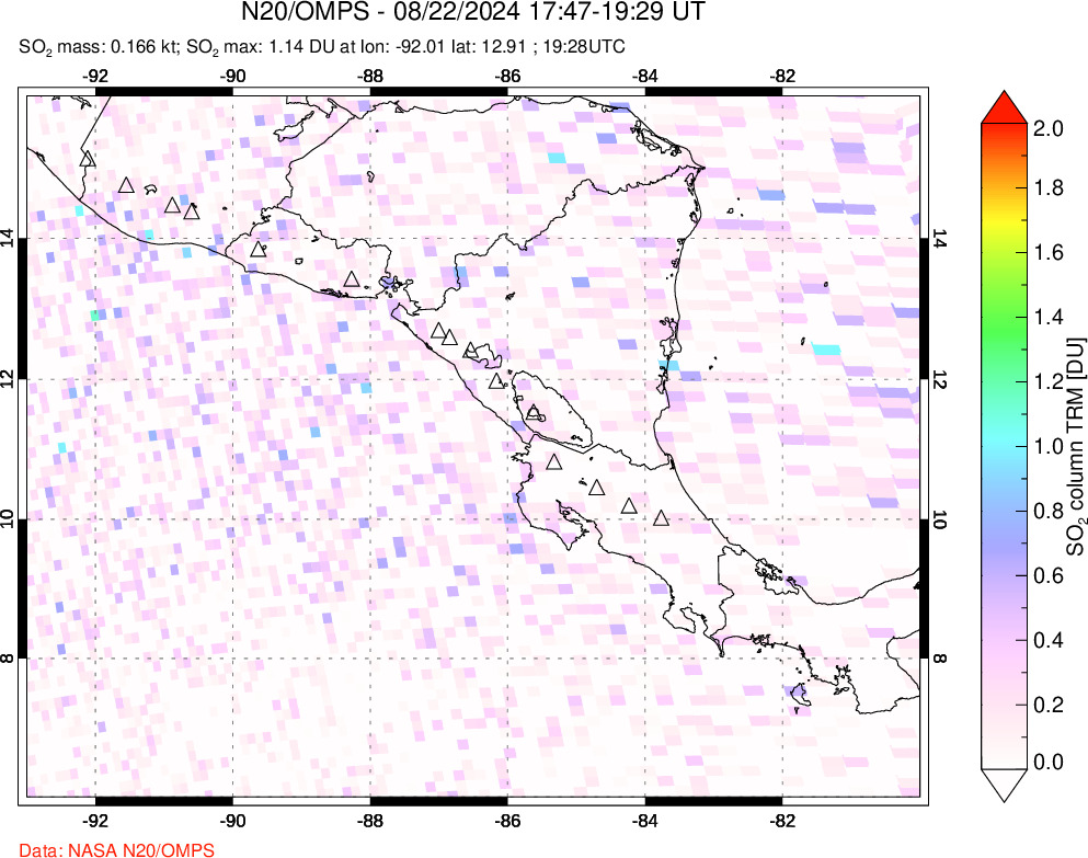 A sulfur dioxide image over Central America on Aug 22, 2024.