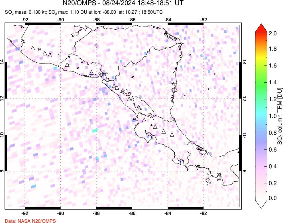 A sulfur dioxide image over Central America on Aug 24, 2024.