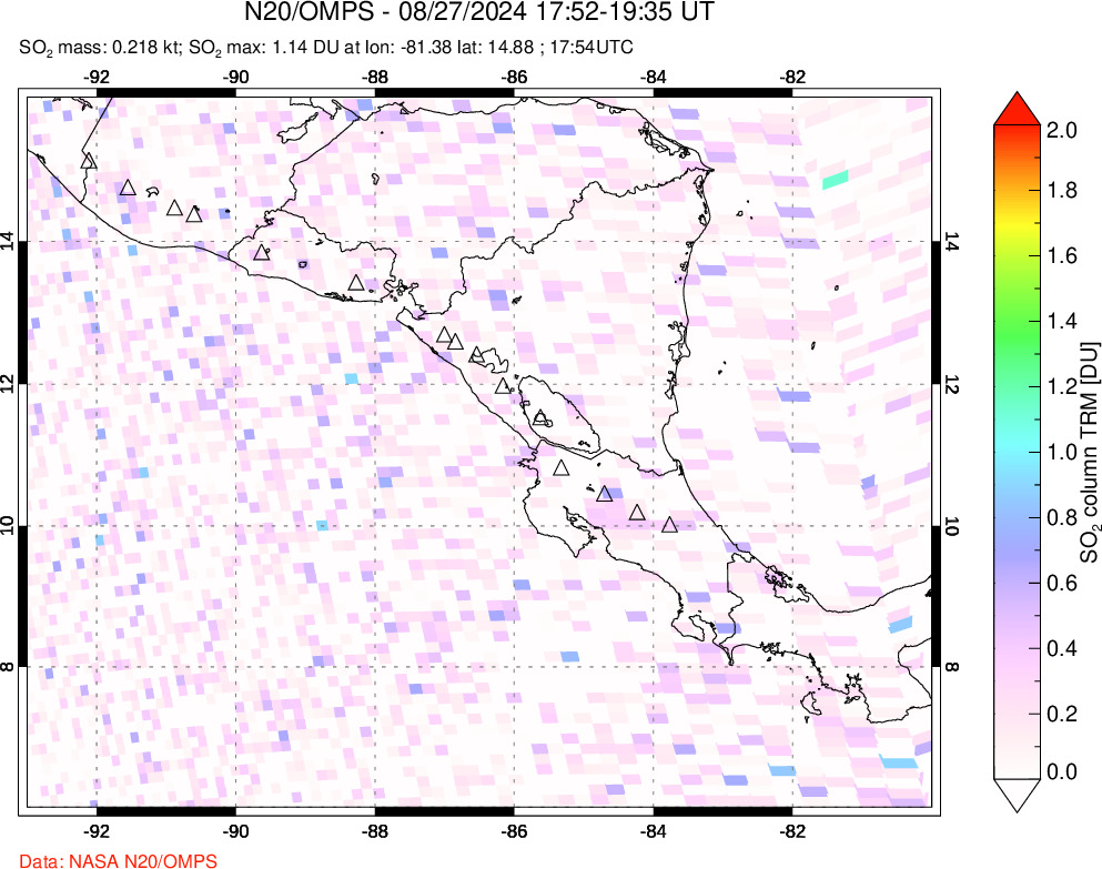 A sulfur dioxide image over Central America on Aug 27, 2024.