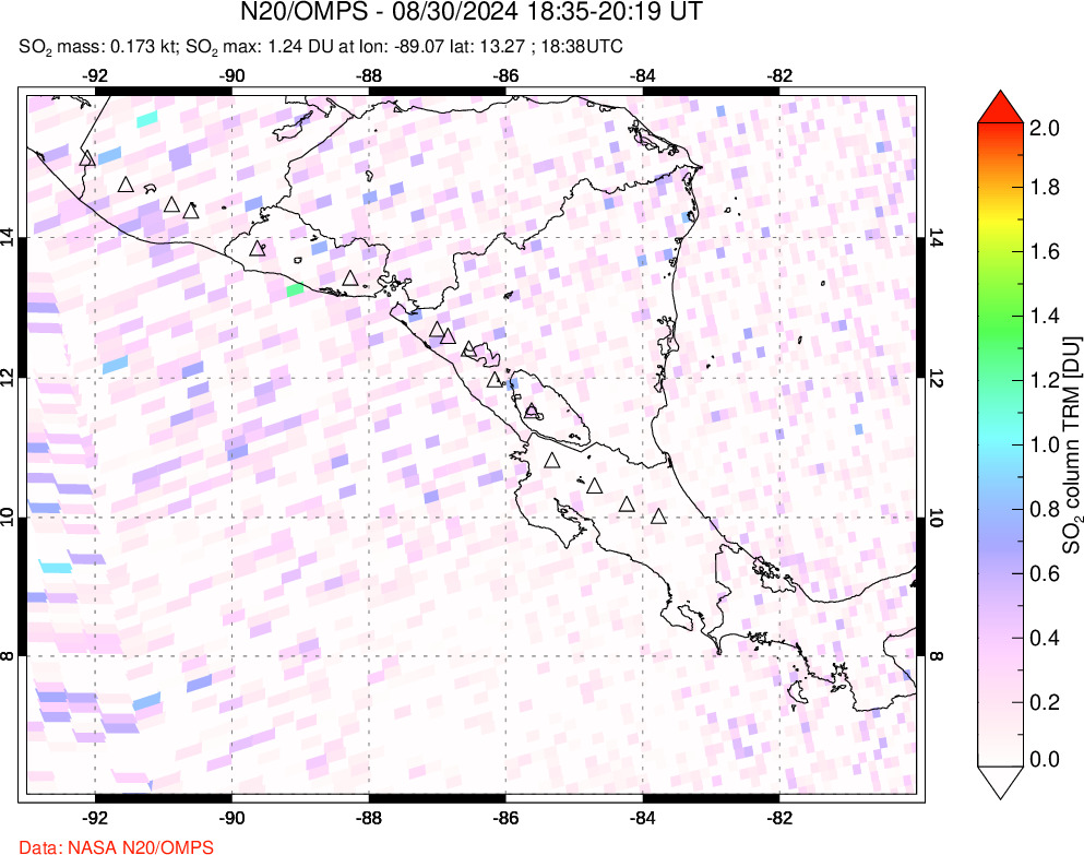 A sulfur dioxide image over Central America on Aug 30, 2024.