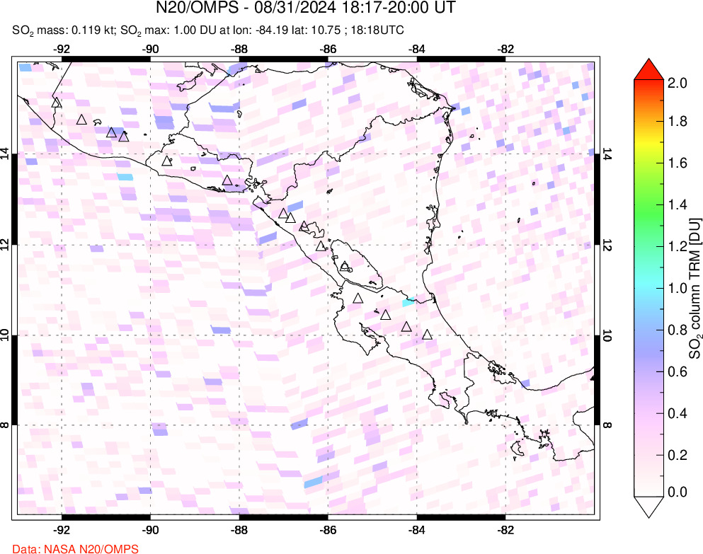 A sulfur dioxide image over Central America on Aug 31, 2024.