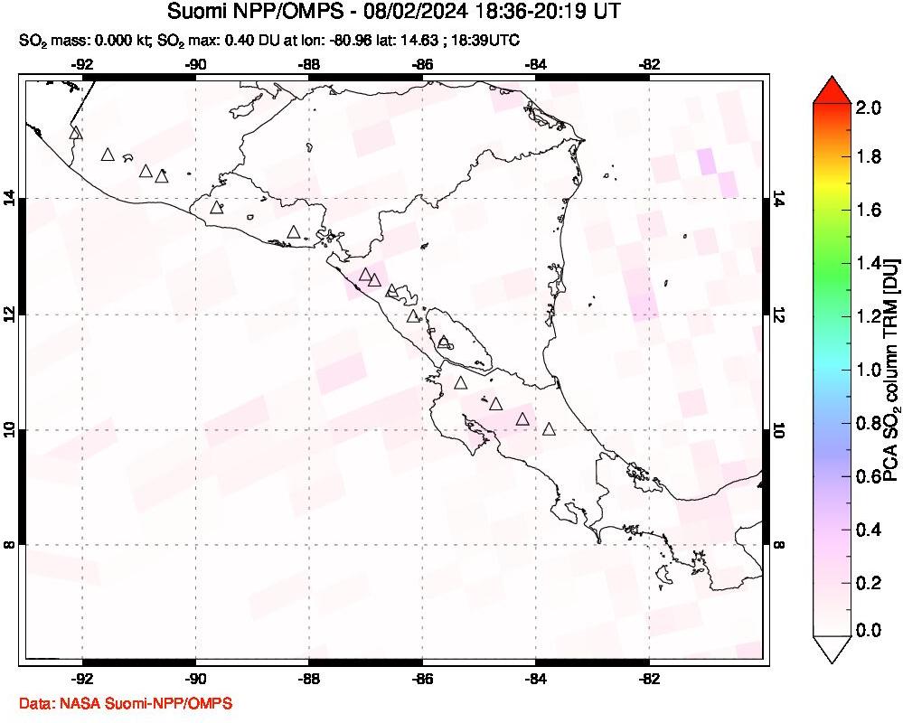 A sulfur dioxide image over Central America on Aug 02, 2024.