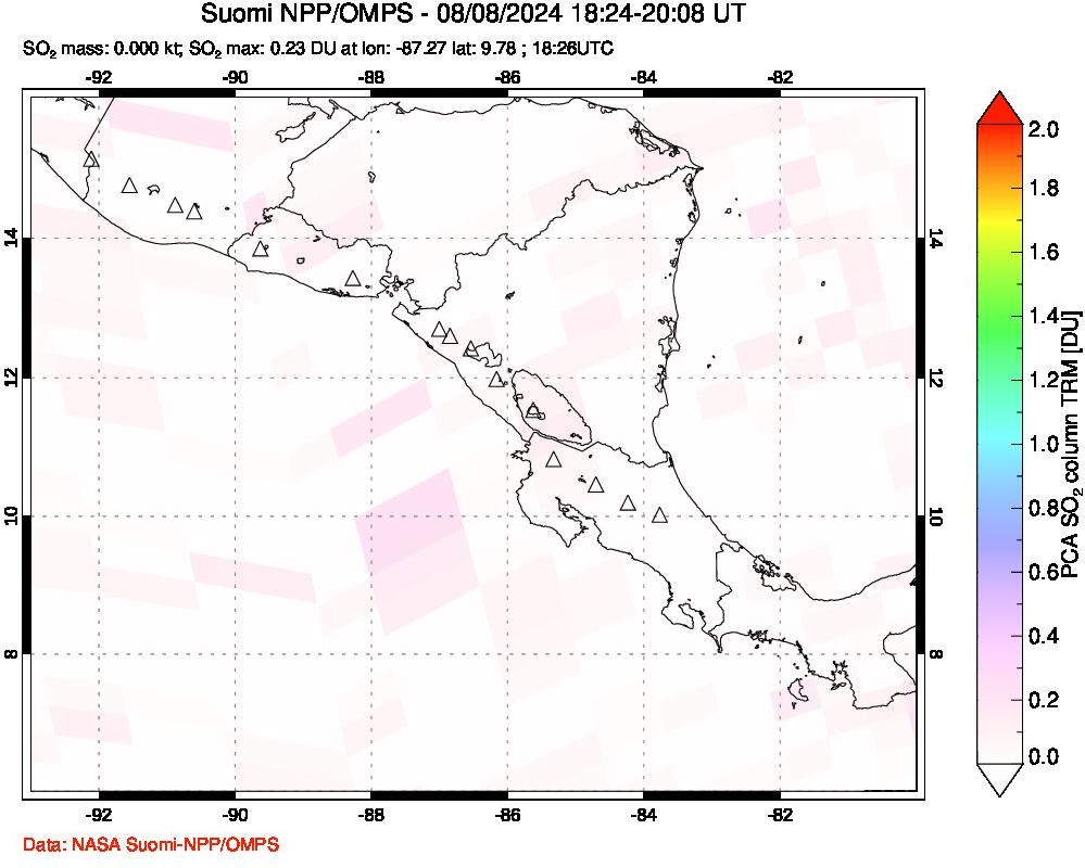 A sulfur dioxide image over Central America on Aug 08, 2024.