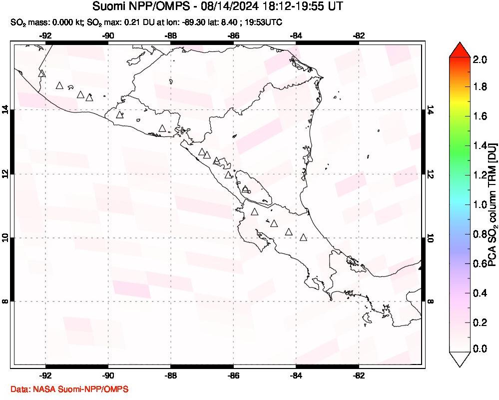 A sulfur dioxide image over Central America on Aug 14, 2024.