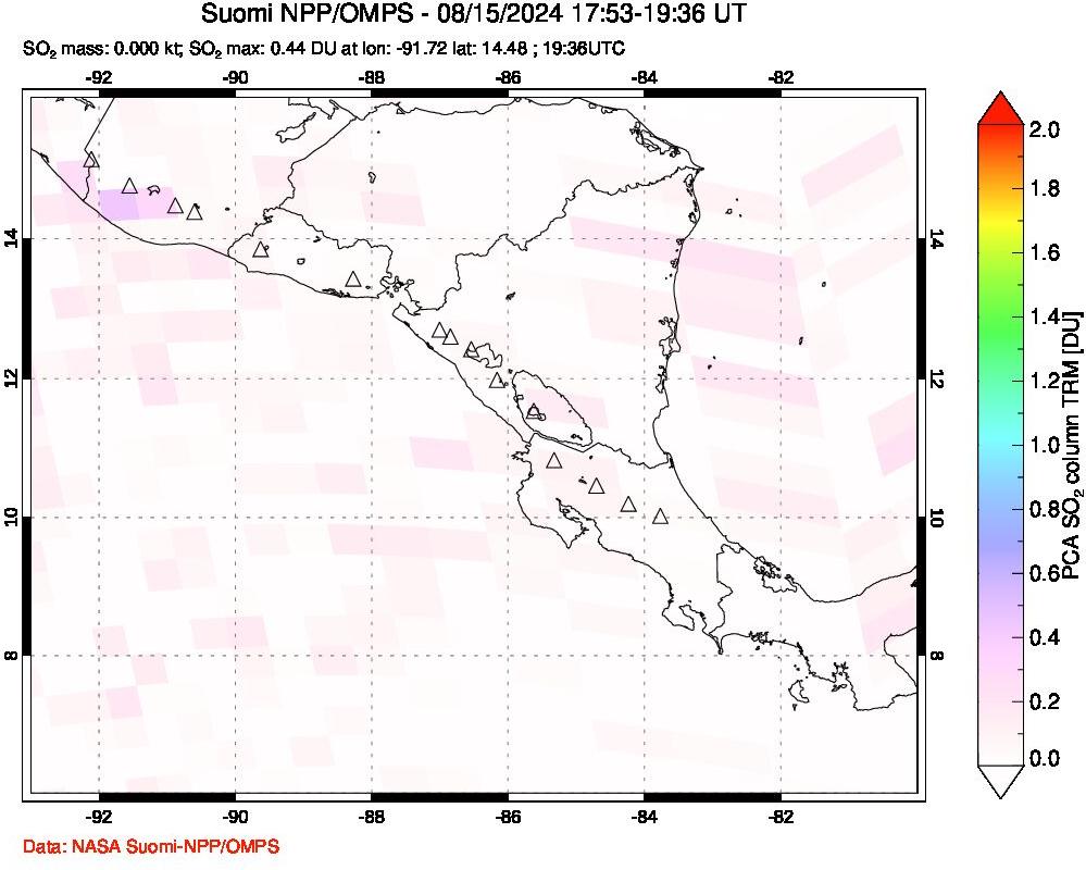 A sulfur dioxide image over Central America on Aug 15, 2024.