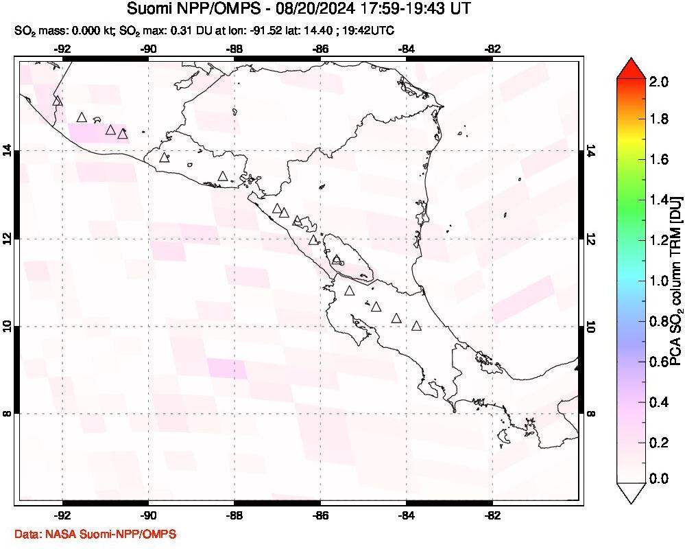 A sulfur dioxide image over Central America on Aug 20, 2024.