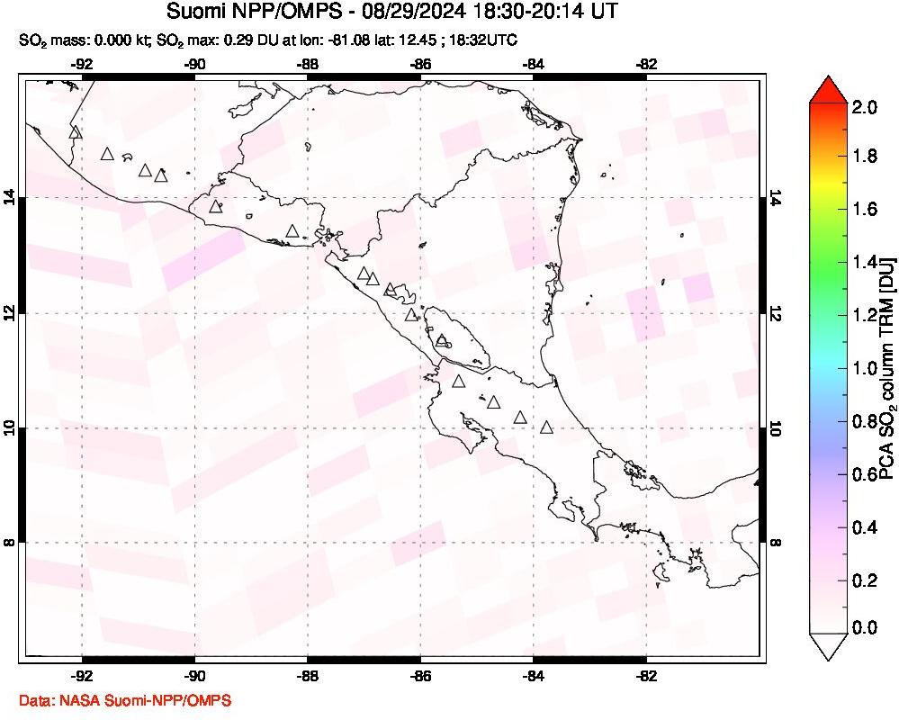 A sulfur dioxide image over Central America on Aug 29, 2024.