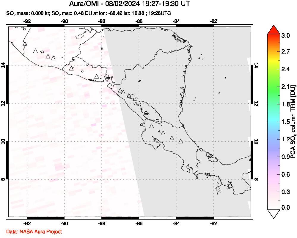 A sulfur dioxide image over Central America on Aug 02, 2024.