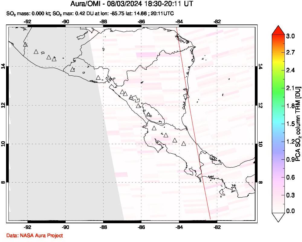 A sulfur dioxide image over Central America on Aug 03, 2024.