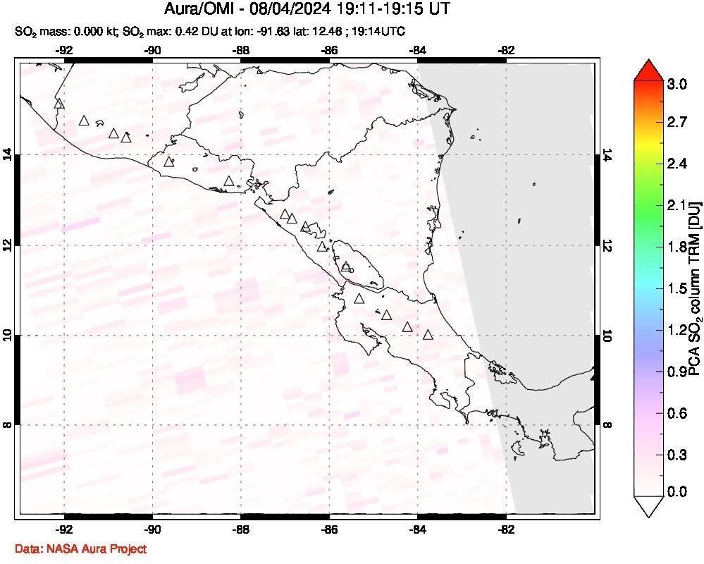 A sulfur dioxide image over Central America on Aug 04, 2024.